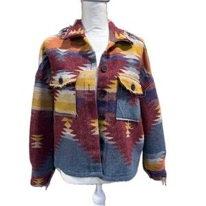 Blue ButterCup Boutique Aztec Shacket Women’s Size Medium Multi Color Frayed GUC